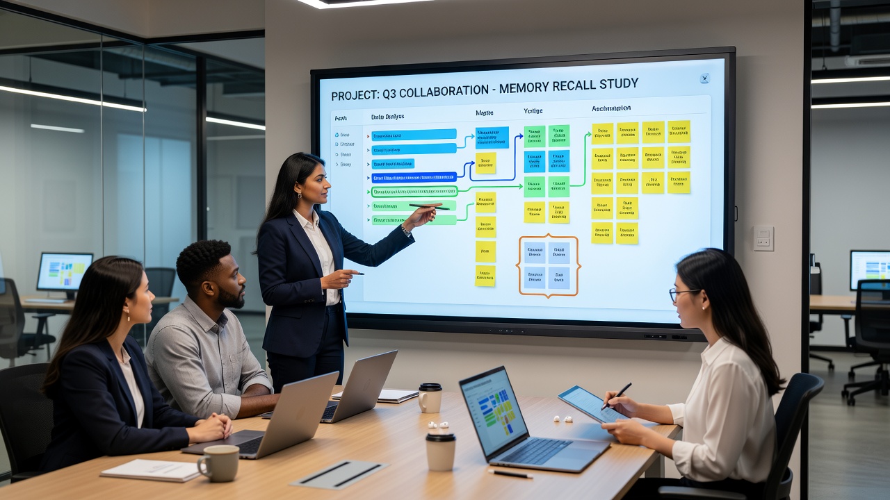 Close-up view of a digital whiteboard showing multiple colored annotations organized by project phase in a team workspace