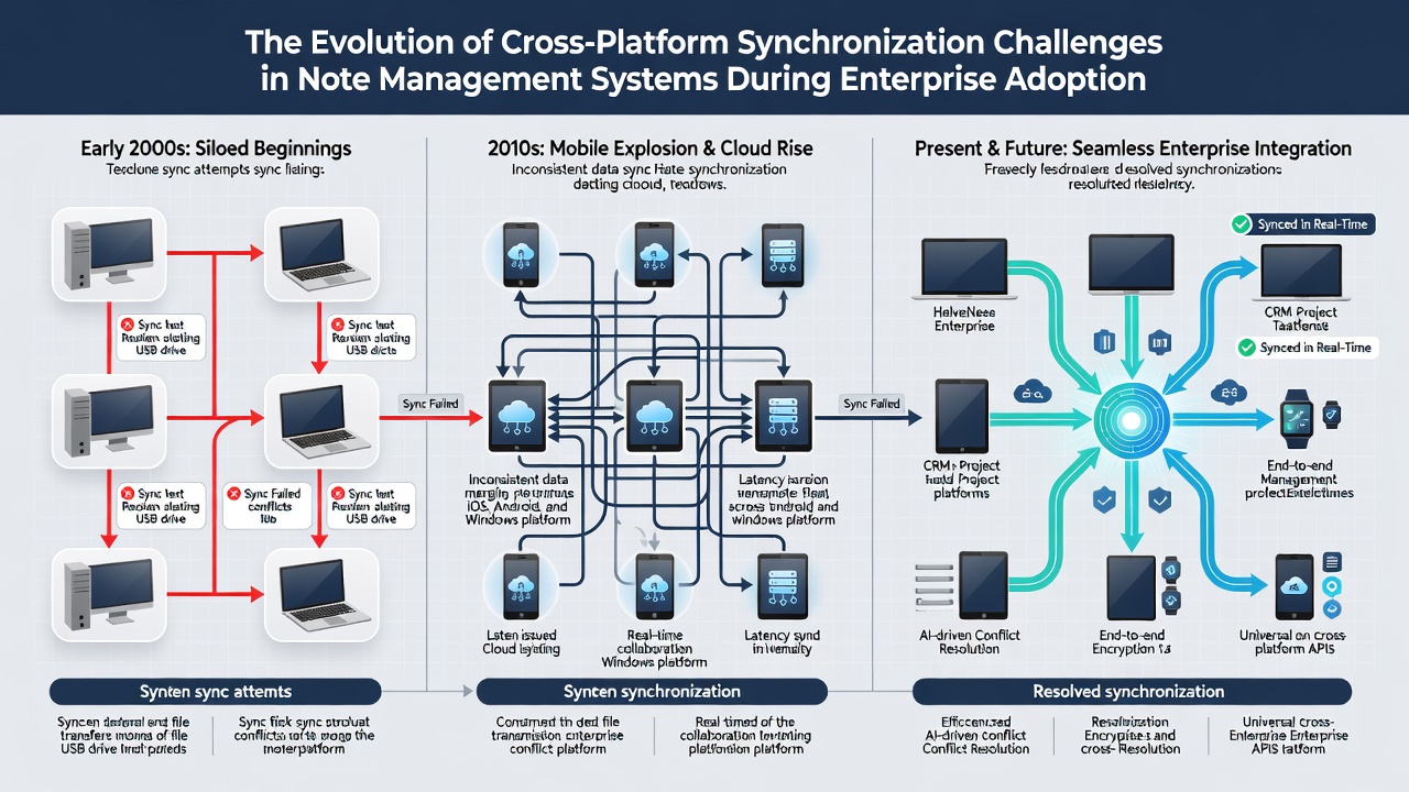 Illustration of synchronization conflict resolution across mobile, desktop, and web clients in enterprise note systems